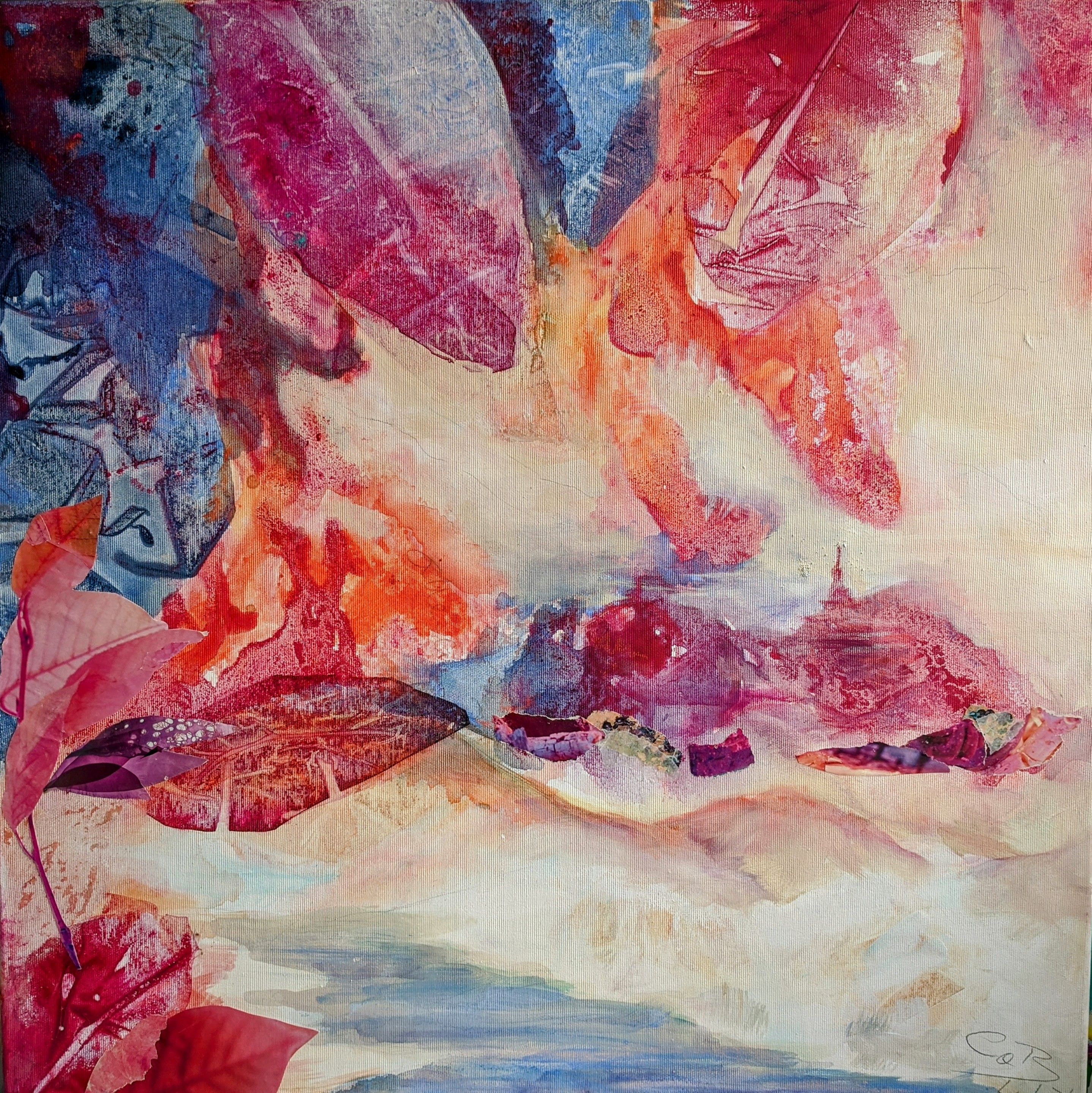 Rote, rosa und blaue Blattformen auf hellem, cremefarbenem Grund, in der Mitte eine kleine Tempelsilhouette, unten ein blauer Streifen.