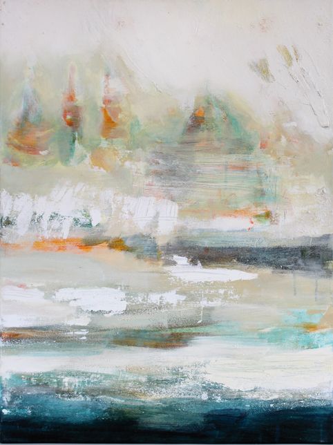 Neblige Landschaft in Grau, Weiß und Beige mit schwachen orangefarbenen Pagodenformen, unten ein dunkler Streifen.