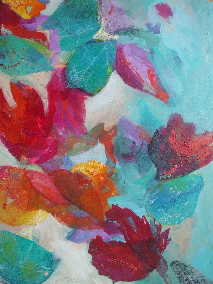 Rote, orange und rosa Blüten und türkise Blätter auf hellblauem Grund.