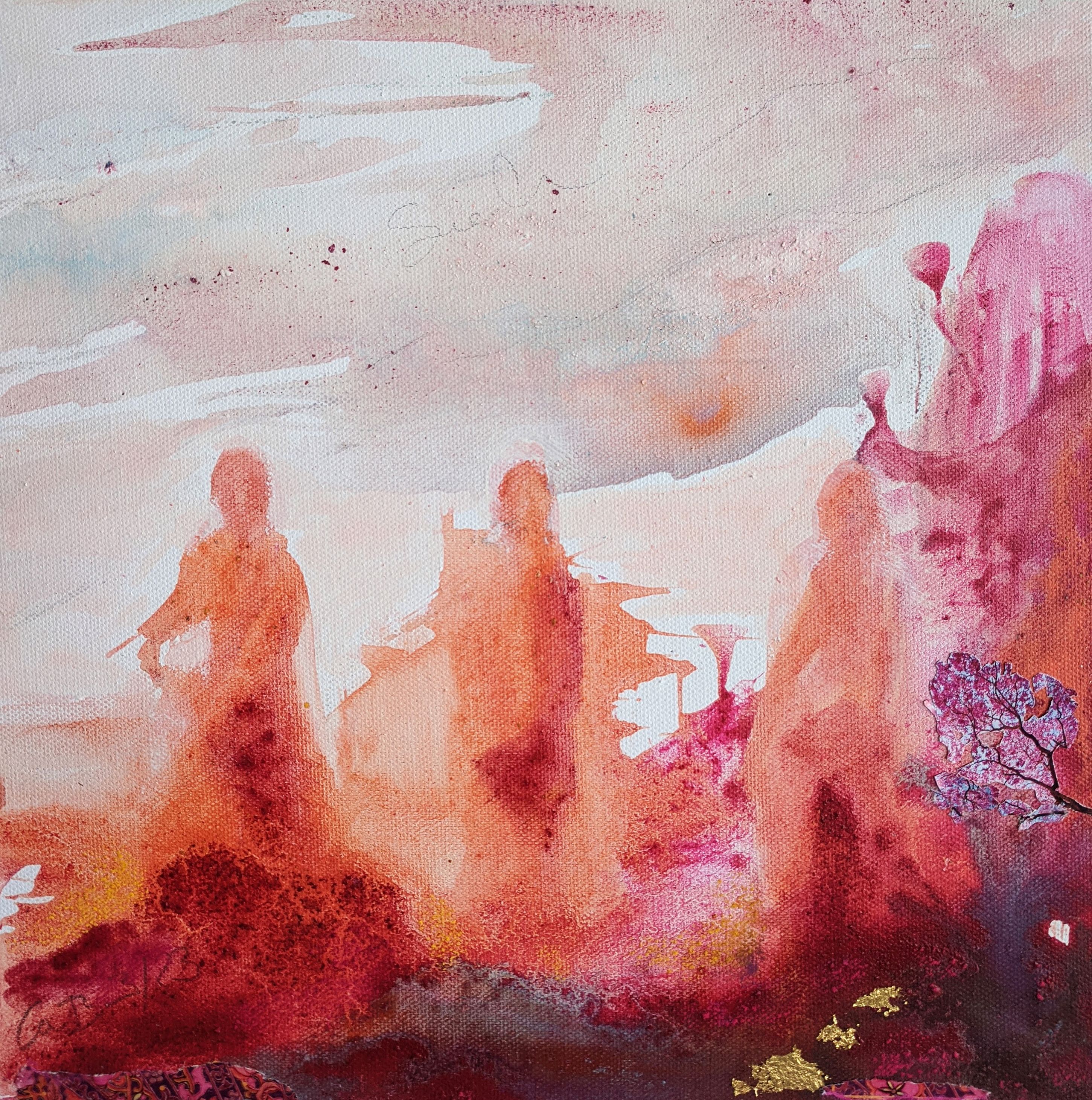 Drei orangerote, schemenhafte Gestalten stehen vor einem rosa Himmel, rechts ein Felsen und ein kleiner violetter Zweig.