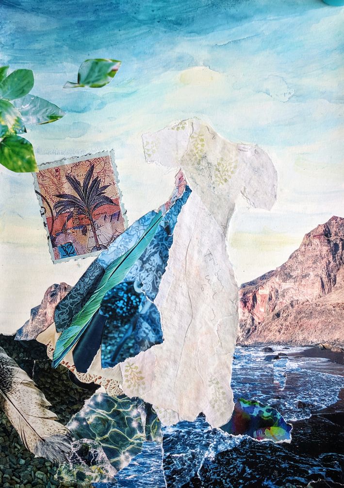 Collage eines weißen Kleides vor einer felsigen Meeresküste und blauem Himmel, links Blätter und eine Briefmarke mit Palme.