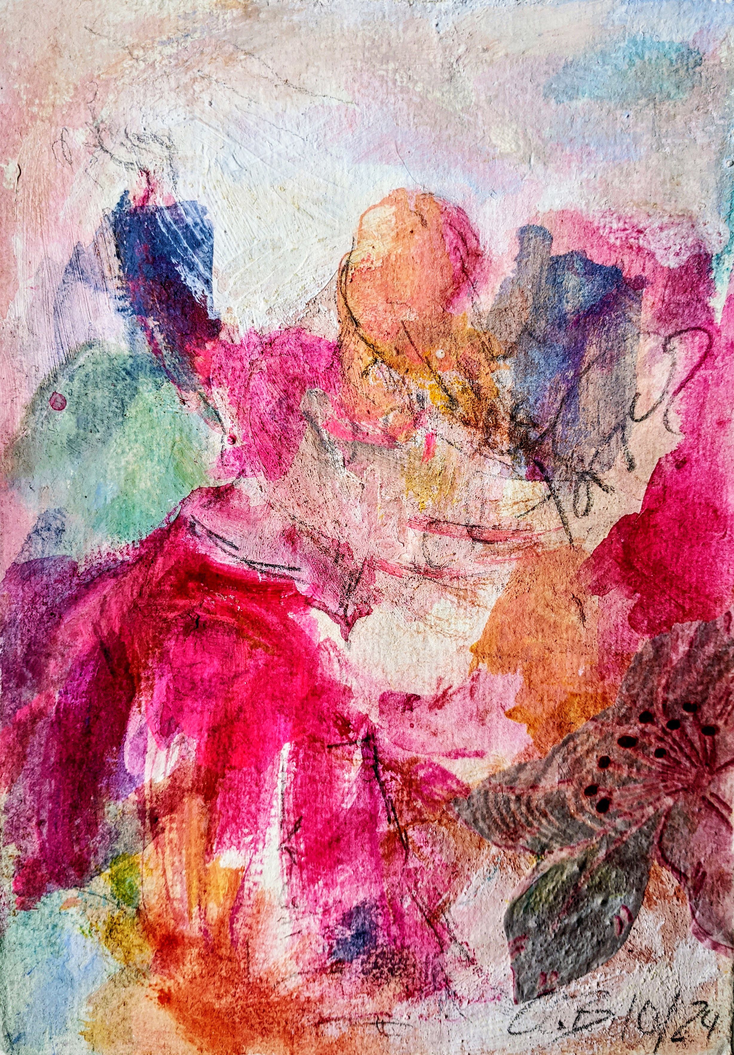 Pinkrote und orange Farbflächen mit schemenhaften Gestalten, kräftigen Pinselspuren und dunklen Linien auf hellem Grund.