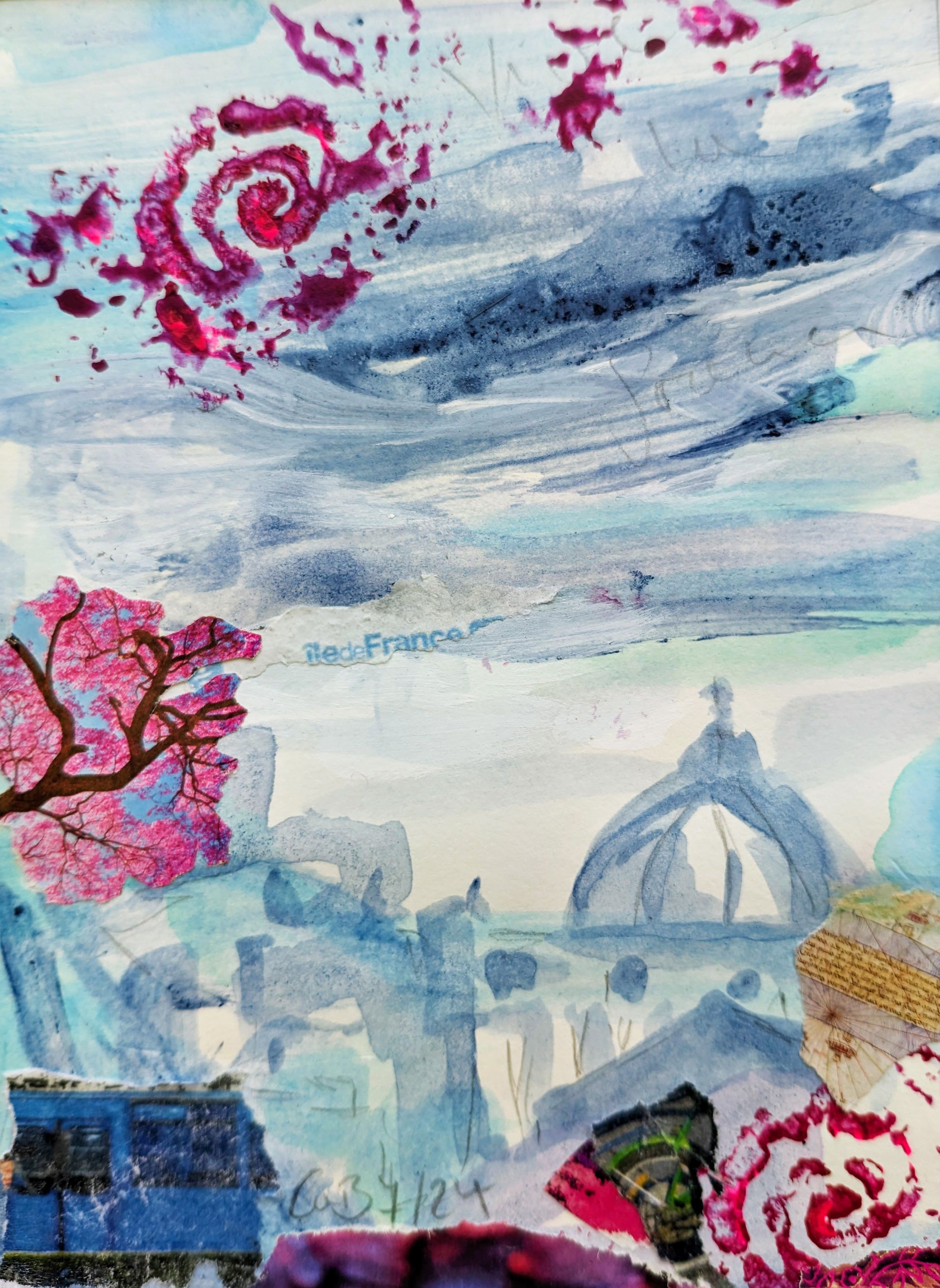 Blaue Wolkenschlieren über blassen Gebäudeformen mit einer Kuppel, dazu rote Spiralen, ein rosa blühender Zweig und blaue Collage-Teile am unteren Rand.