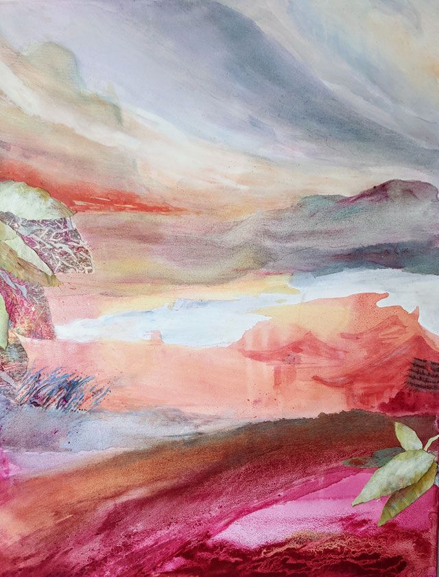 Weiche Landschaft in Rosa, Rot und Grau, oben ein grauer, bewegter Himmel, unten ein dunkelroter Hang mit einem kleinen grünen Blatt am rechten Rand.