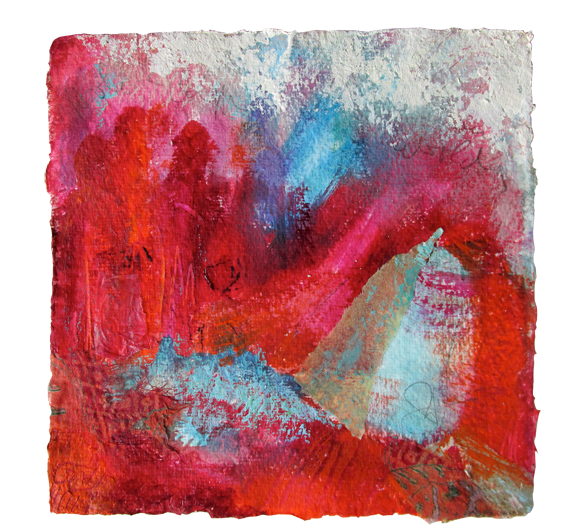 Kleines Blatt in leuchtendem Rot und Orange mit einer hellen, spitz zulaufenden Form in der Mitte und blauen Flächen oben.