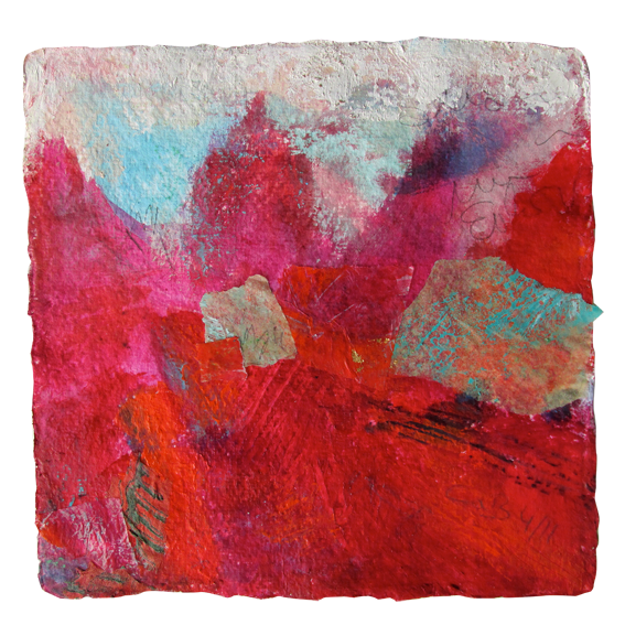 Kleines Blatt, überwiegend in Rot und Magenta, oben zackige rosa Formen wie Pagodenspitzen, in der Mitte zwei türkis-graue Papierstücke.