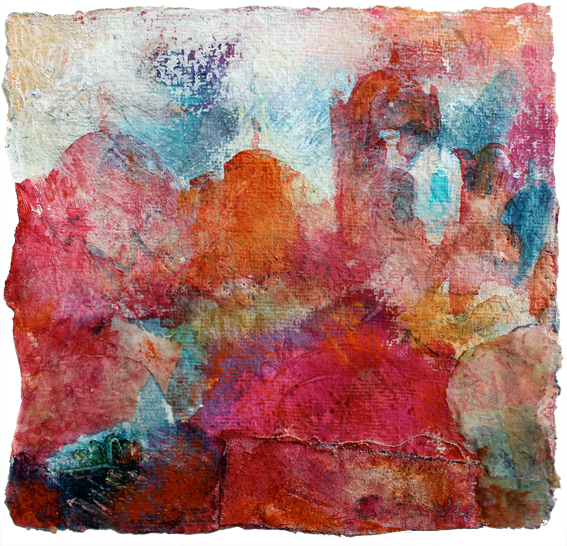 Kleines Blatt in Rot, Orange und Rosa mit Gebäudeformen und einem Turm oben rechts, unten dunkelblaue Flächen.