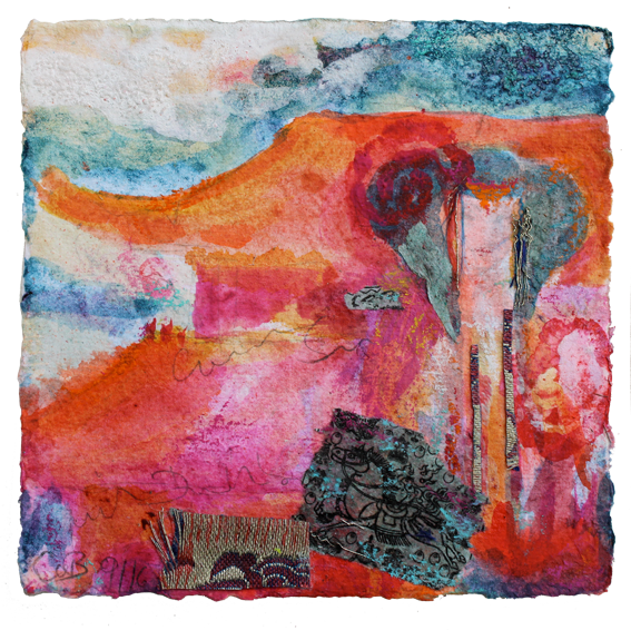 Kleines Blatt mit orangeroten, geschwungenen Dachformen, rosa Kreisen und gemusterten Stoffschnipseln unten, oben ein blauer Streifen.