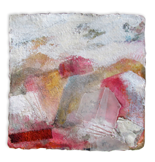 Kleines Blatt mit unregelmäßigem Rand: weiße, pastose Fläche mit rosa und orangefarbenen Formen, einem durchscheinenden Papierstück und einem roten Streifen unten links.